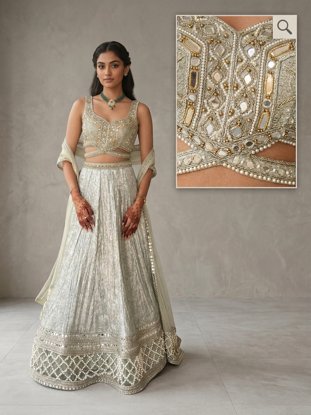 Green lehenga with pearl