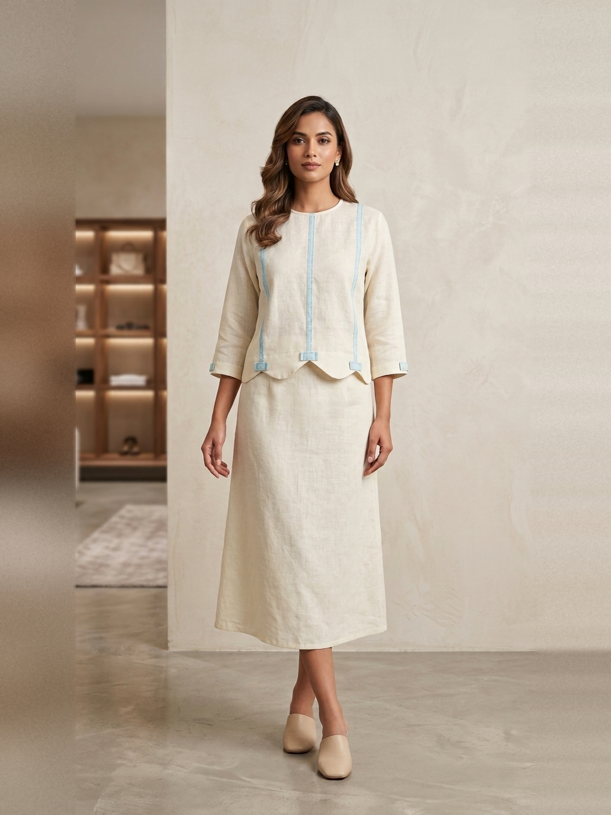 Yellow linen with Blue bow skirt and top