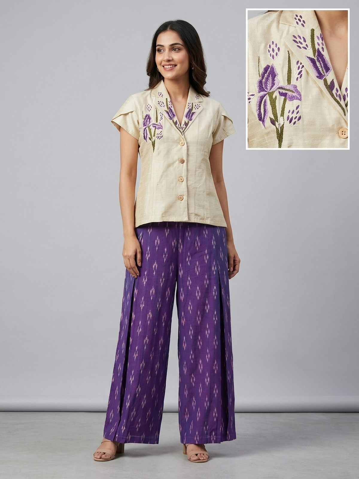 Embroidered beige top with Ikkat pants