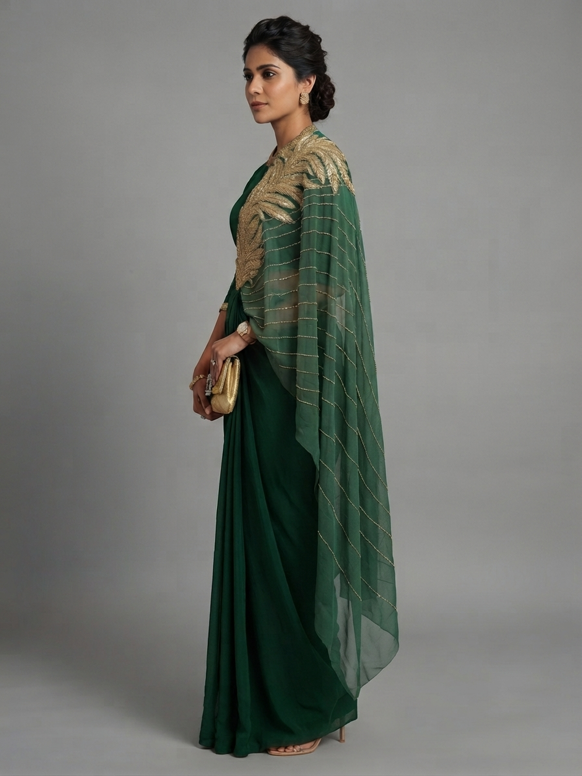 Bottle green drapped saree