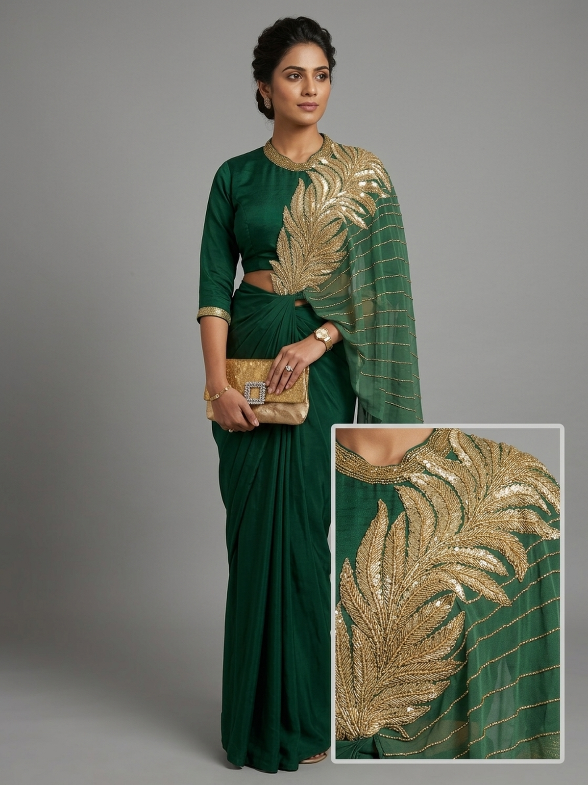 Bottle green drapped saree
