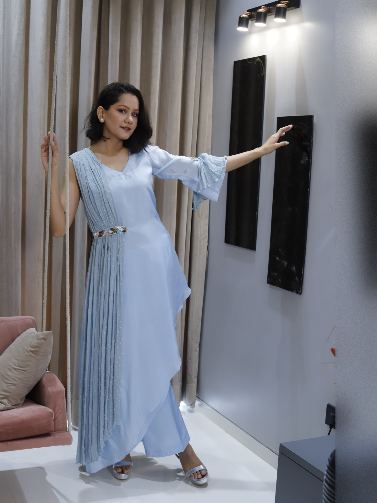 Powder blue kurta set with Bandhani