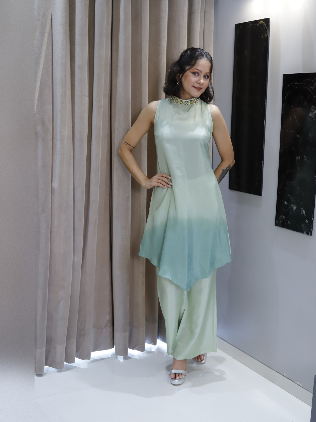 Sage green asymmetric kurta set
