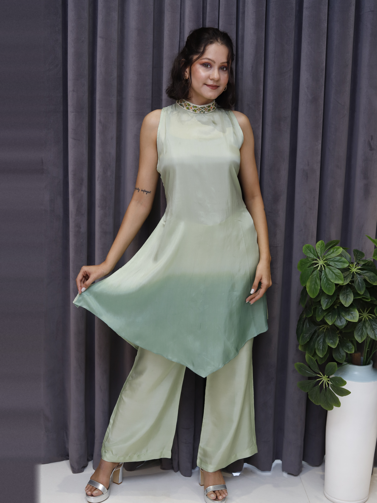 Sage green asymmetric kurta set