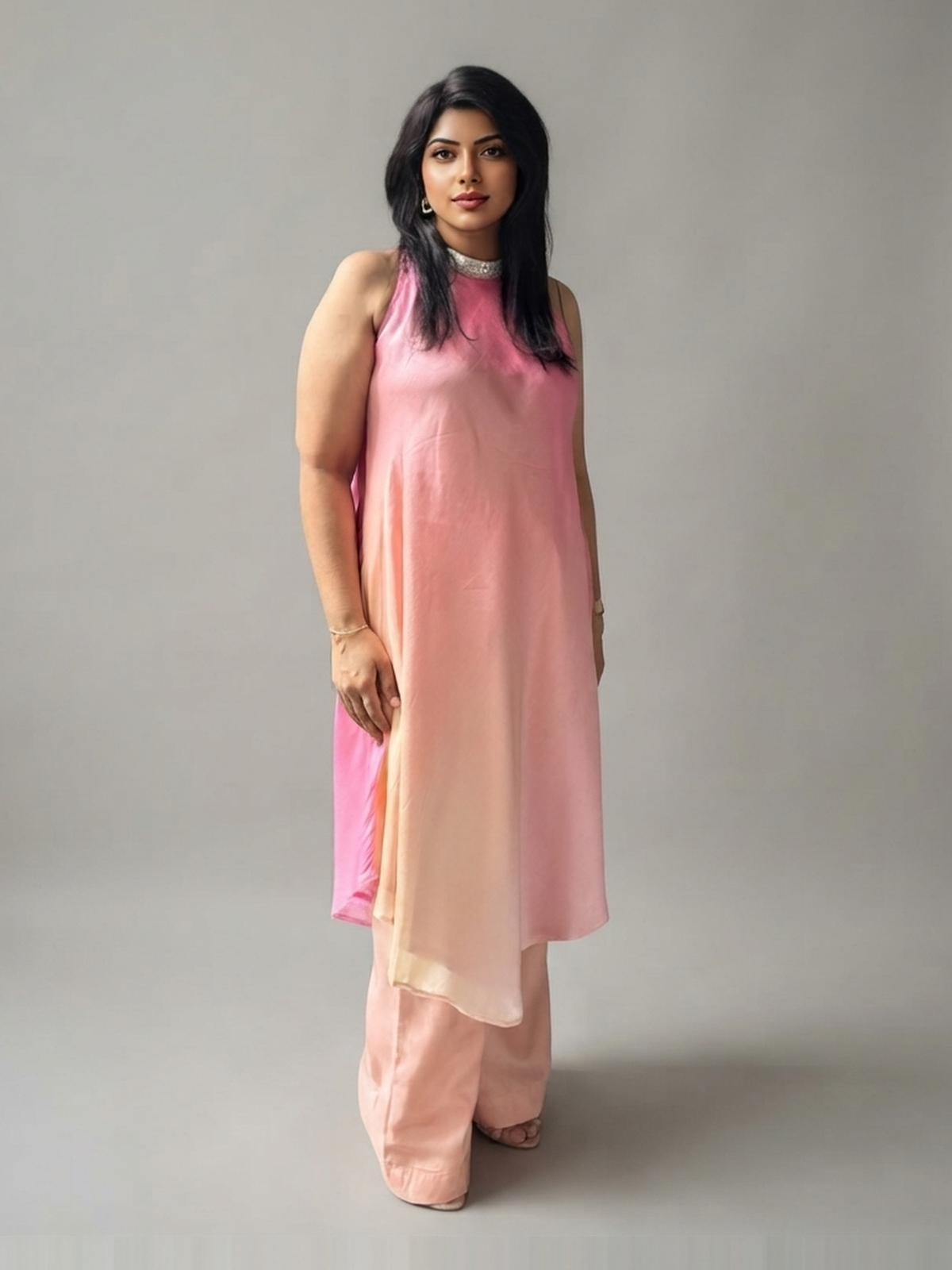 Pink shaded asymmetric kurta set