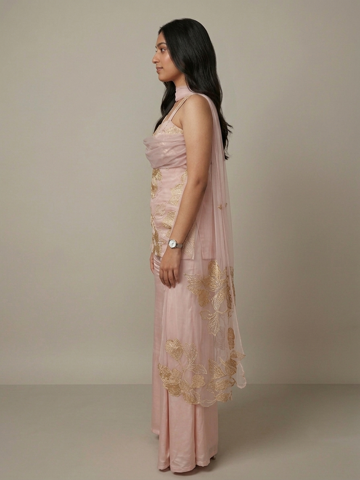 Peach sheer sharara set with asymmetric patchwork dupatta