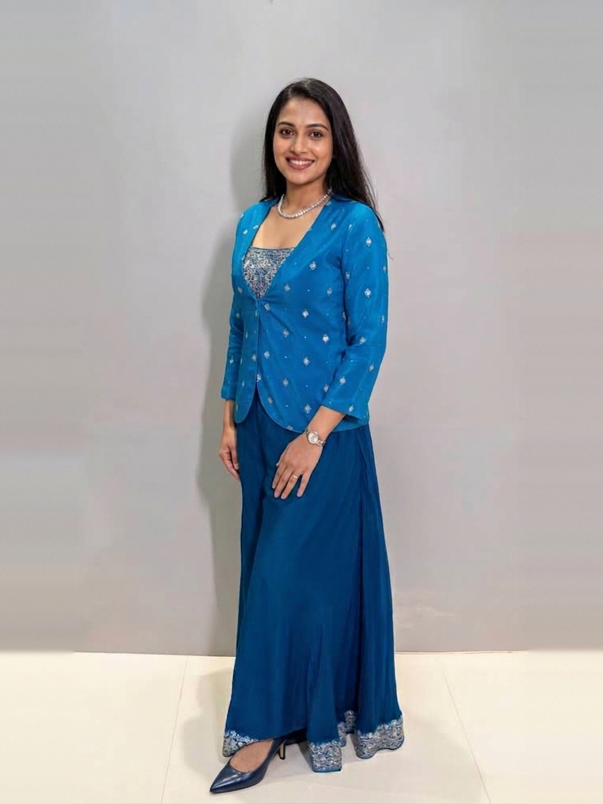 Blue sharara jacket set