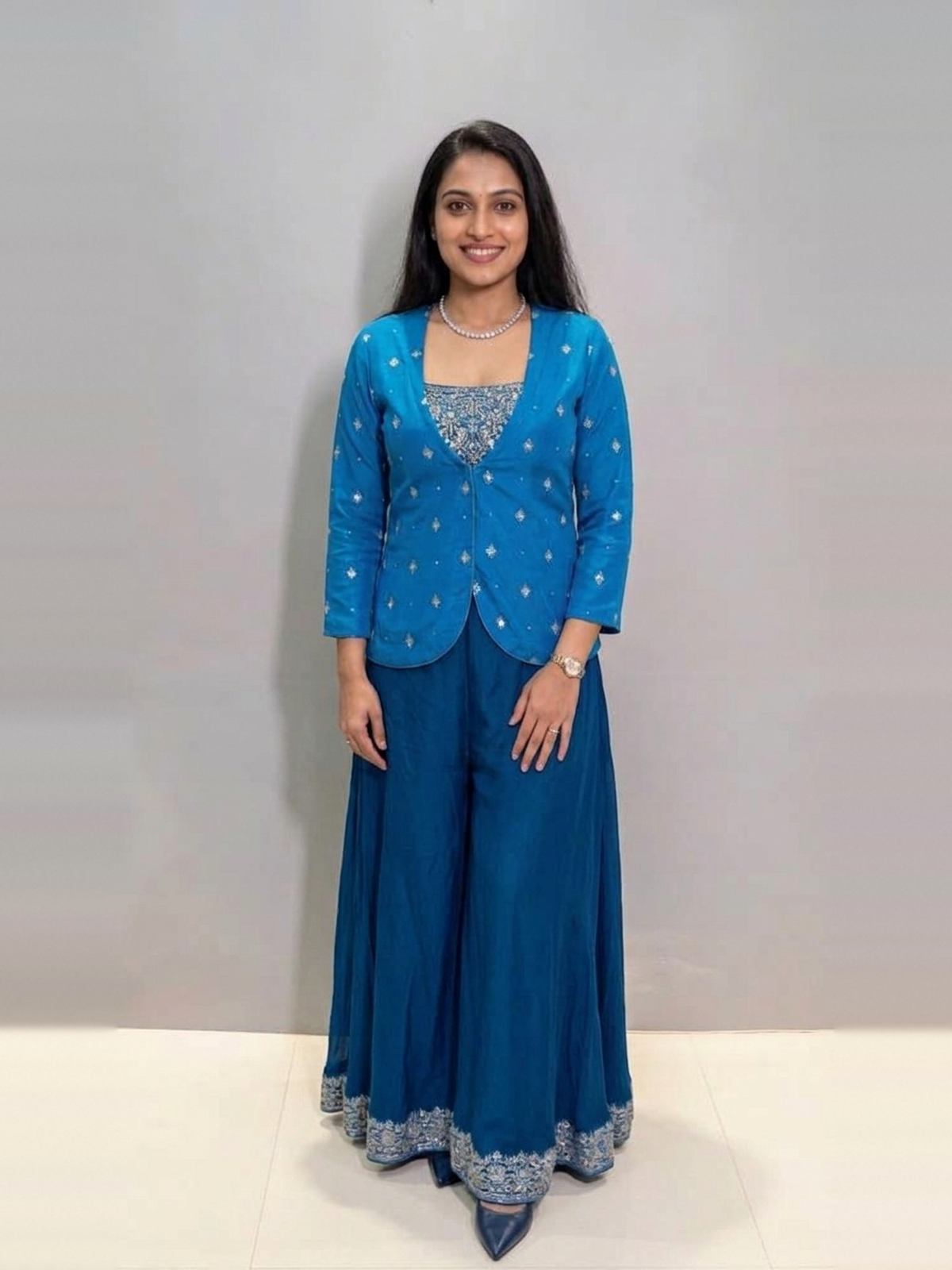 Blue sharara jacket set